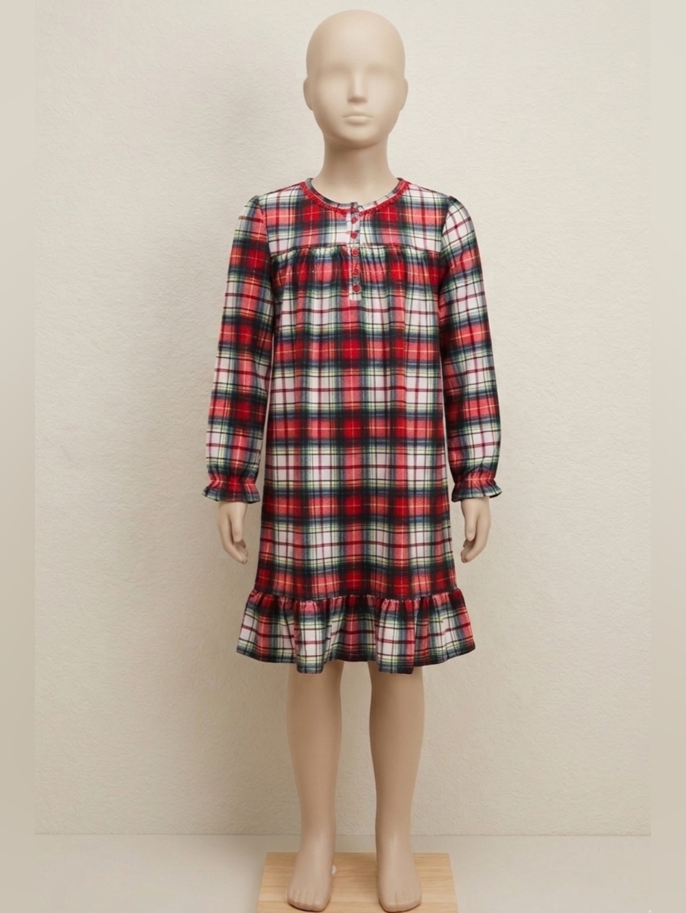 Girls' Red Plaid Nightgown with Ruffle Hem Size L(10/12)